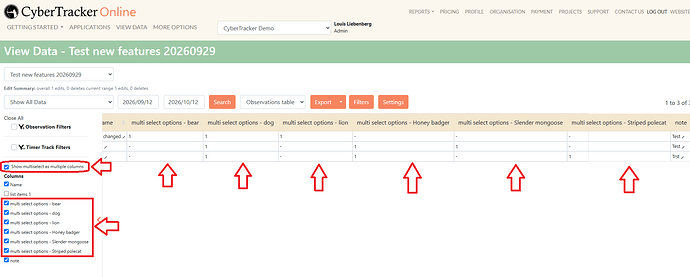 Multiselect multiple columns